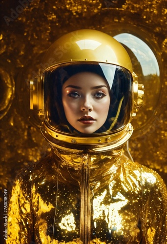 Photography on Santorin planet, 60'S gorgeous astronaut woman in an glitter transparent gold astronaut spacesuit wearing a large transparent plexiglass helmet glasses, 80 degree view, art by Sergio. photo
