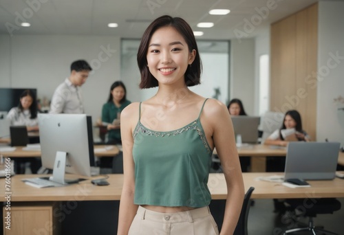 Asian woman in casual top, confidently standing in office. Natural and relaxed office atmosphere. © natakot
