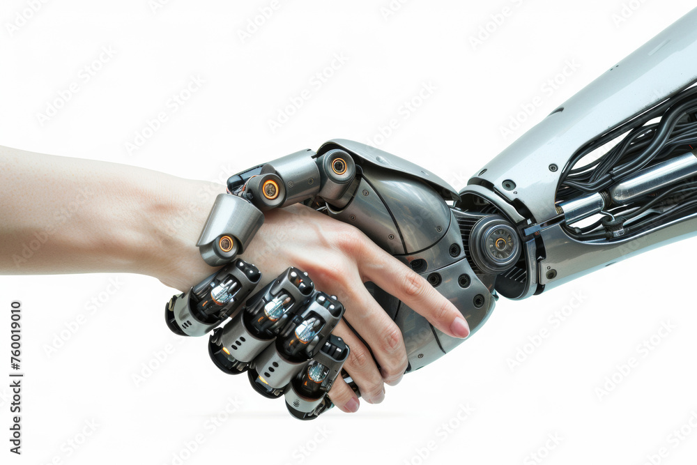 Handshake between robot and human. Robot hand, female hand. Friendship with artificial intelligence Handshake between robot and human. Robot hand, female hand. Friendship with artificial intelligence