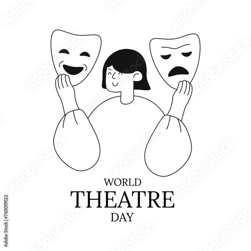 Woman and theatrical masks, World Theater day. Vector template for social media post , posters, greeting cards, banners, brochures