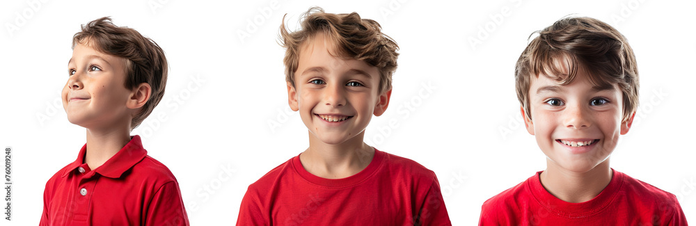 Portrait Collection of young boy with red shirt with a joyful face isolated on a white background as transparent PNG
Portrait Collection of young boy with red shirt with a joyful face isolated on a white background as transparent PNG