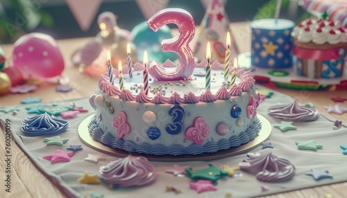 a beautiful birthday cake on the table with the big-sized number "3" written on top of the cake and burning candles around it with birthday decorations in the background slightly blurred.