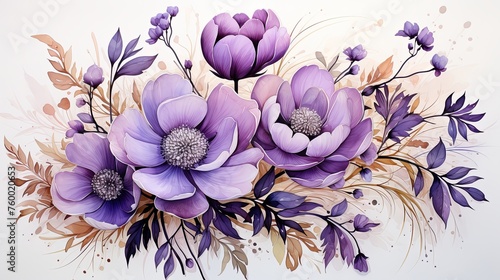 Watercolor purple rose flower clipart illustration gold leaves for wedding invitation card on white background  3d render