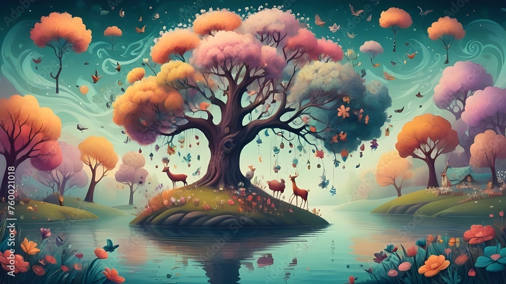 Ethereal Beauty of Fantasy. Whimsical illustration of a Dreamy floating tree, rich background, whimsical animals, flowers, and landscapes. Smoke Amidst the Vibrant Foliage of a Surreal Tree - obrazy, fototapety, plakaty 