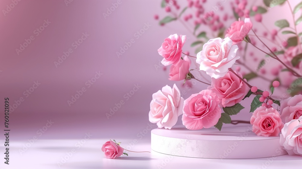 Background with podium and flower rose. Floral summer background podium. Generated by artificial intelligence. Background with podium and flower rose. Floral summer background podium. Generated by artificial intelligence.