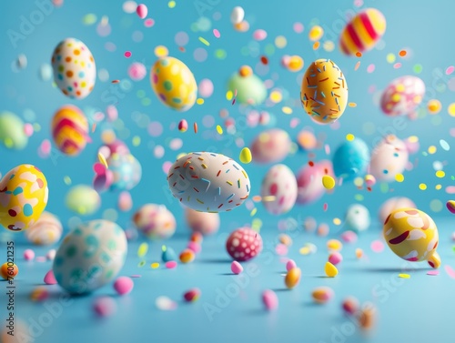 Explosion of Easter eggs on a blue background. Easter eggs pattern. Banner with Easter eggs for advertising.