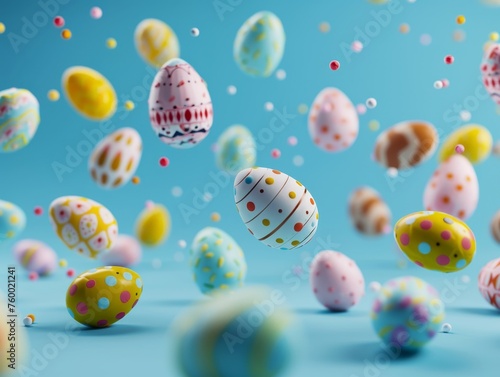 Explosion of Easter eggs on a blue background. Easter eggs pattern. Banner with Easter eggs for advertising.