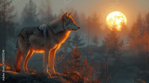 Wolf Standing on Rock in Front of Full Moon