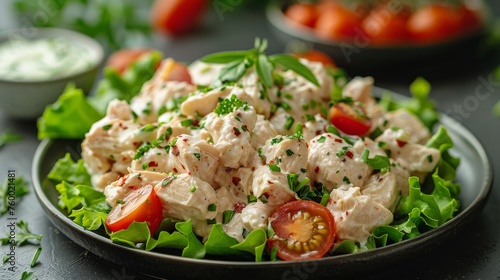 Plate of Chicken Salad With Tomatoes and Lettuce