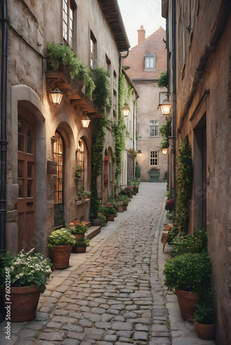 A Timeless Walkway: Step back in time with this charming alley in a historic town, brimming with architectural details and a cozy atmosphere. generative AI © EVISUAL