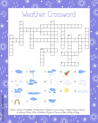 Weather crossword puzzle, word search activities vector illustration printable worksheet for kids, educational or leisure game, topical English environment, climate weather forecast vocabulary