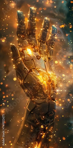 Futuristic Robotic Hand with Golden Light Circuits and Glowing Sparkles Against a Blurred Background © Katawut