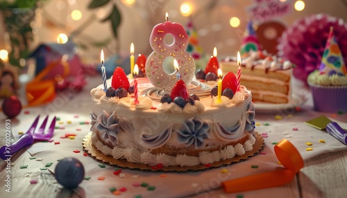 a beautiful birthday cake on the table with the big-sized number  8  written on top of the cake and burning candles around it with birthday decorations in the background slightly blurred.