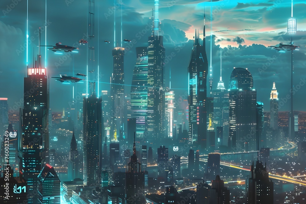 Fototapeta premium Futuristic New York City Skyline Glowing with Advanced Technology and Hover Vehicles