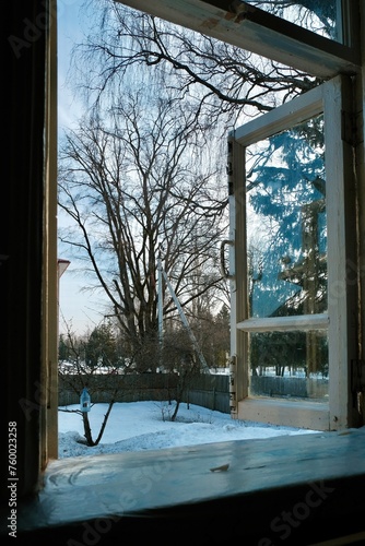 Open Old Window With White Painted Wooden Frame, Garden With Lots Of Snow, Trees Without Leaves, Beginning Of Spring © Юлия Журина