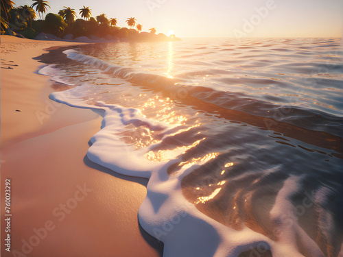 Tranquil Shores: Soft sunset light bathes a secluded beach, creating a scene of serenity and unspoiled beauty. generative AI photo