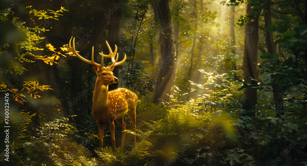 Fototapeta premium Celestial Golden Deer Radiates Light in a Lush Green Forest