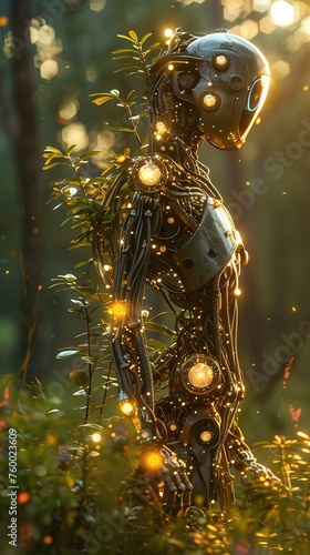 Futuristic AI Robot Mechanical Being Illuminated by Enchanting Lights Amongst Forest Greenery in a Conceptual Fusion of Technology and Nature