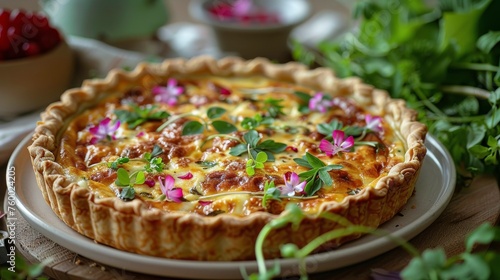 Quiche With Flowers and Herbs on a Plate