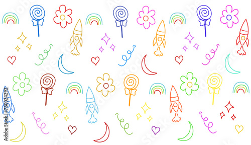 Cute kid scribble line flower, heart. rainbow background. Hand drawn doodle sketch childish element set.