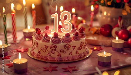 a beautiful birthday cake on the table with the big-sized number  13  written on top of the cake and burning candles around it with birthday decorations in the background slightly blurred.