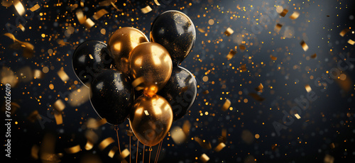Gold and black balloons with golden confetti explosion flying around on a dark background. Elegant and luxury birthday card banner with copy space.