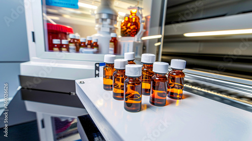 Pharmaceutical Laboratory with Medicine Bottles on Production Line, Health Care Industry