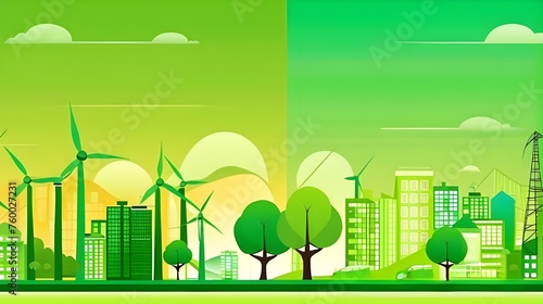 Green city sustainable living. Green cityscape with renewable energy sources, promoting sustainable urban development. Ecological energy sources. Energy distribution. Improve life balance