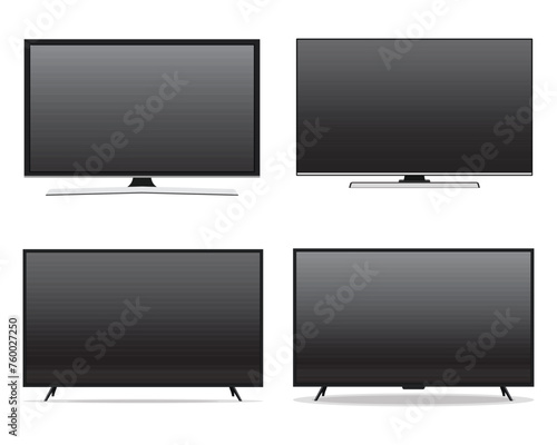 Set of TV flat screen lcd, plasma, tv mock up. black blank HD monitor 8K TV flatmockup. Modern video panel black flatscreen.Vector Illustration. Widescreen show your business presentation on display.	
