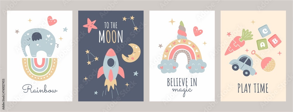 Boho Baby Posters With Cute Rainbow Moon Toys Rocket Scandinavian Style