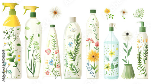 Spring cleaning concept with plastic bottles for cleaning and freshness near spring flowers on white background