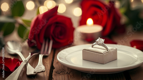 Marriage proposal concept, diamond ring in white box on plate in restaurant