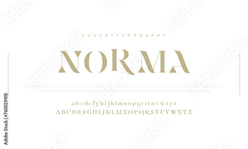 Norma modern alphabet. Dropped stunning font, type for futuristic logo, headline, creative lettering and maxi typography. Minimal style letters with yellow spot. Vector typographic design