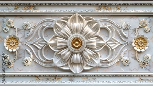 decorative mandala ornament on white marble surface, suitable for detailed ceiling and wall art wallpaper