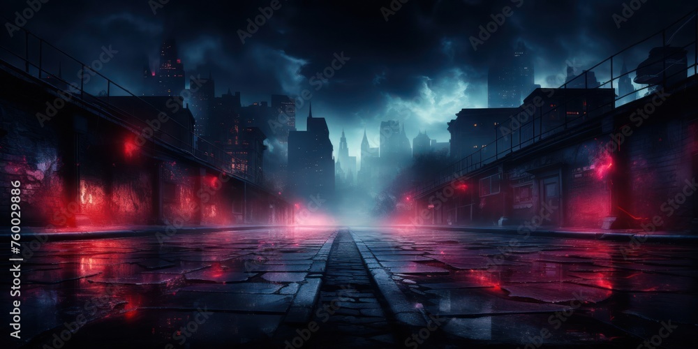 Dark City Street With Red Light Generative AI