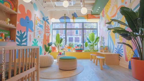 Kid's doctor office designed with natural light, fun murals, and cozy furniture photo
