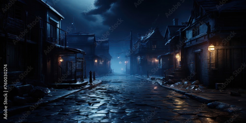 Dark City Street at Night With Full Moon Generative AI Dark City Street at Night With Full Moon Generative AI