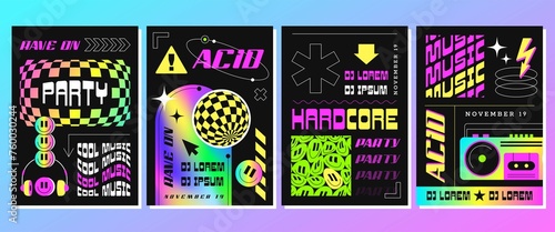 Rave Acid Posters With Abstract Geometric Shapes Smiles Rainbow Frame
