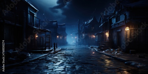 Dark City Street at Night With Full Moon Generative AI