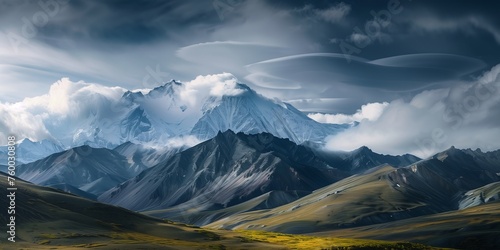  striking lenticular clouds over snow-covered peaks and rolling grasslands