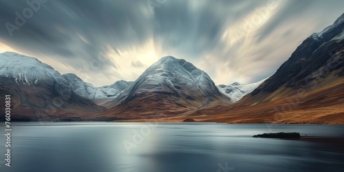 dynamic skies over snow-dusted mountains flanking a serene loch photo