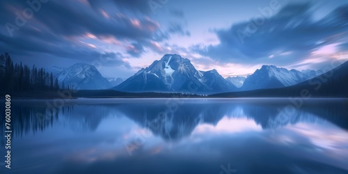 dusk sky over a mountain's perfect reflection in a glassy lake