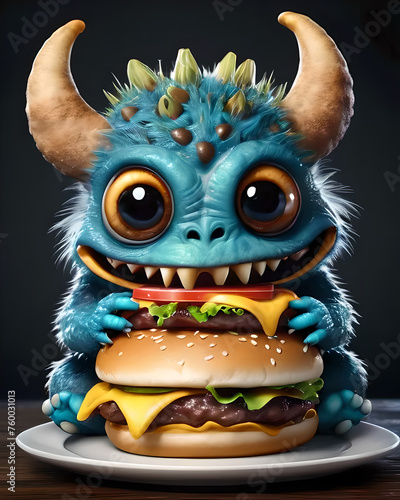 Cute little 3d monster eating tomato and hamburger  for ilustrations design  for 3d design  for characters design.