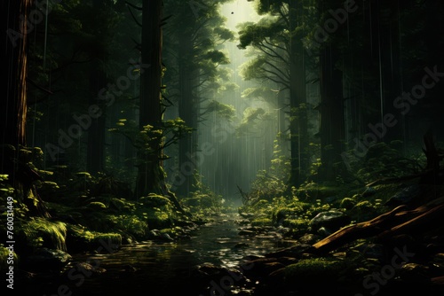 Dense Green Forest With Sunrays Generative AI