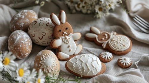 Happy easter! Handmade Easter gingerbread cookies in the shape of a bunny
