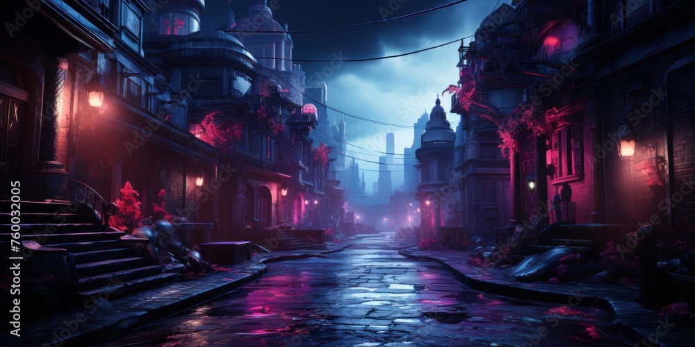 Mysterious Dark City Street With Red Lights Generative AI