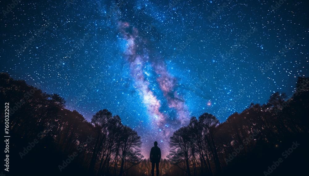 A clear night sky revealing the cosmic splendor of the Milky Way, framed by the dark, leafless trees reaching upwards.  - obrazy, fototapety, plakaty 