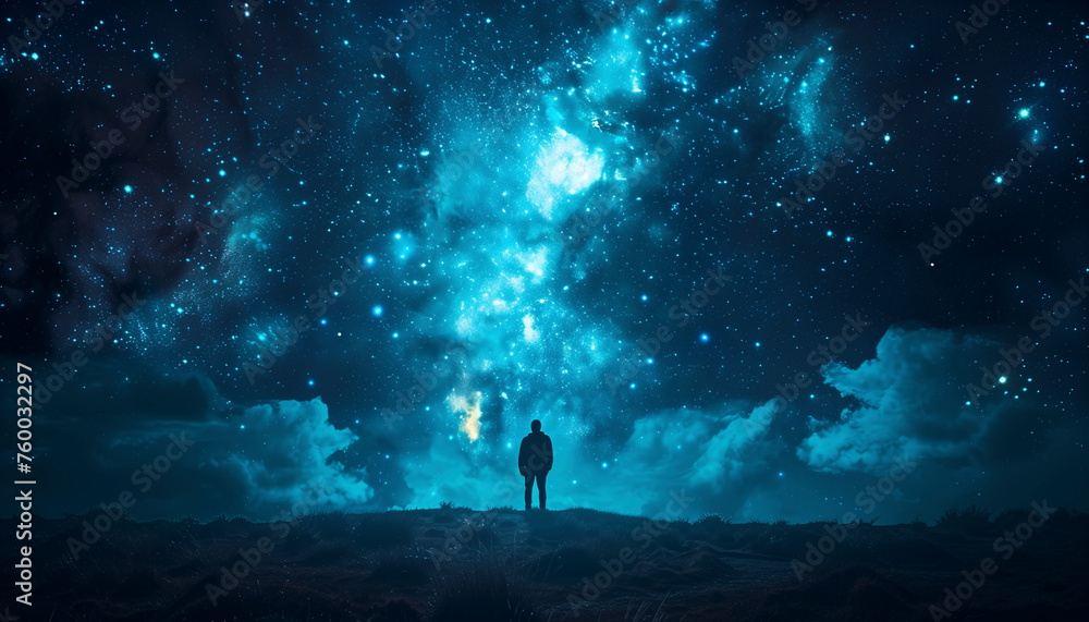 Fototapeta premium Minimalistic Abstract silhouette of a lone figure standing under a star-studded sky gradient