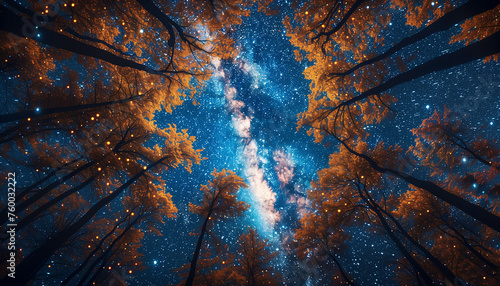 A clear night sky revealing the cosmic splendor of the Milky Way, framed by the dark, leafless trees reaching upwards.