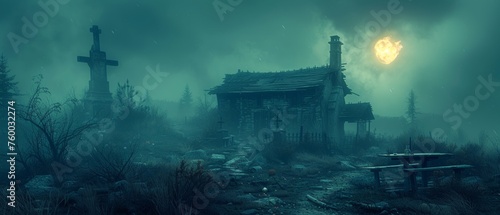 A spooky Halloween landscape with a table and graveyard